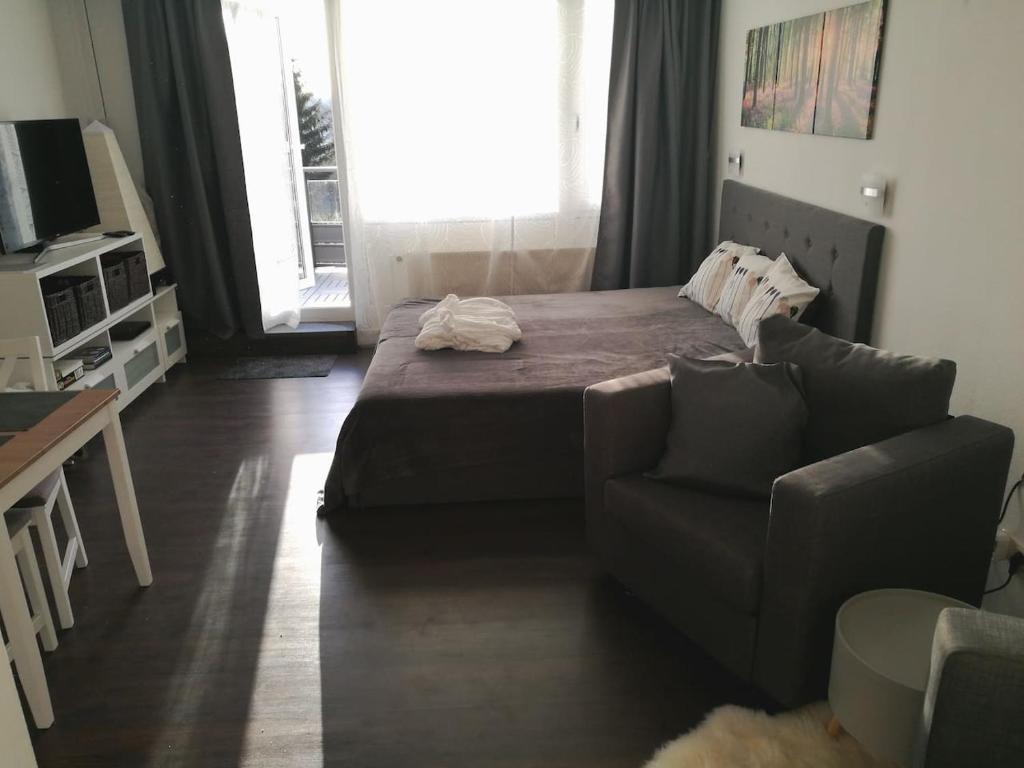 a living room with a bed and a couch at Top Appartment mit Weitblick und Late Check-Out inklusive aktivCARD in Sankt Englmar