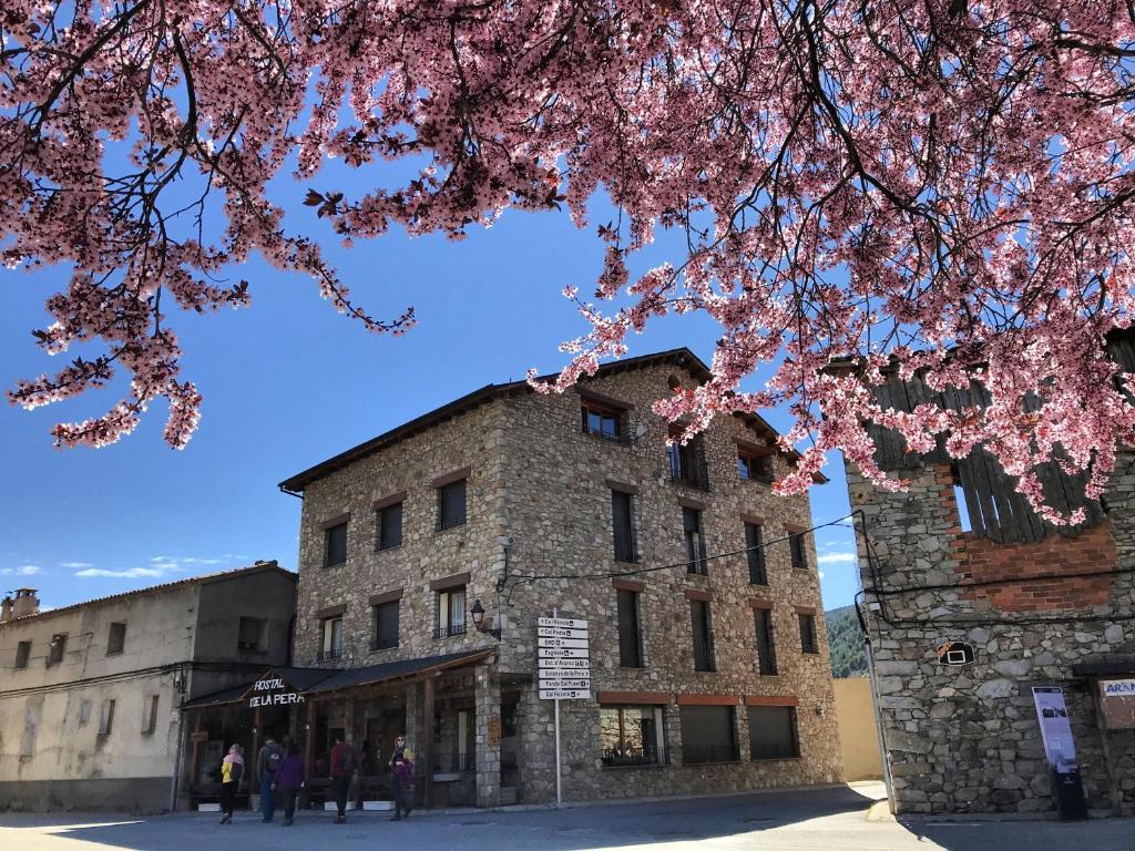 um edifício com uma árvore com flores cor-de-rosa em Hostal Pas De La Pera em Aransá