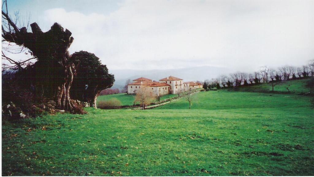 a painting of a house in a green field at Pazo A Freiria in Puebla de Trives