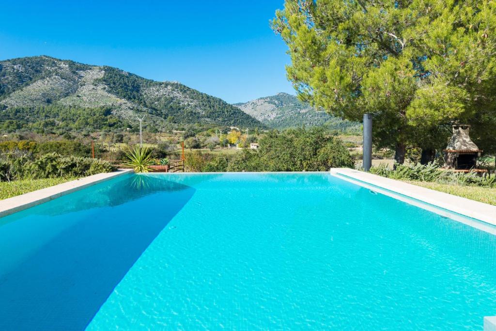 una piscina azul con montañas en el fondo en Villa VILVAL, en Moscari