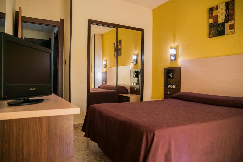 um quarto de hotel com uma cama e uma televisão de ecrã plano em Hotel La Nava em Iznalloz