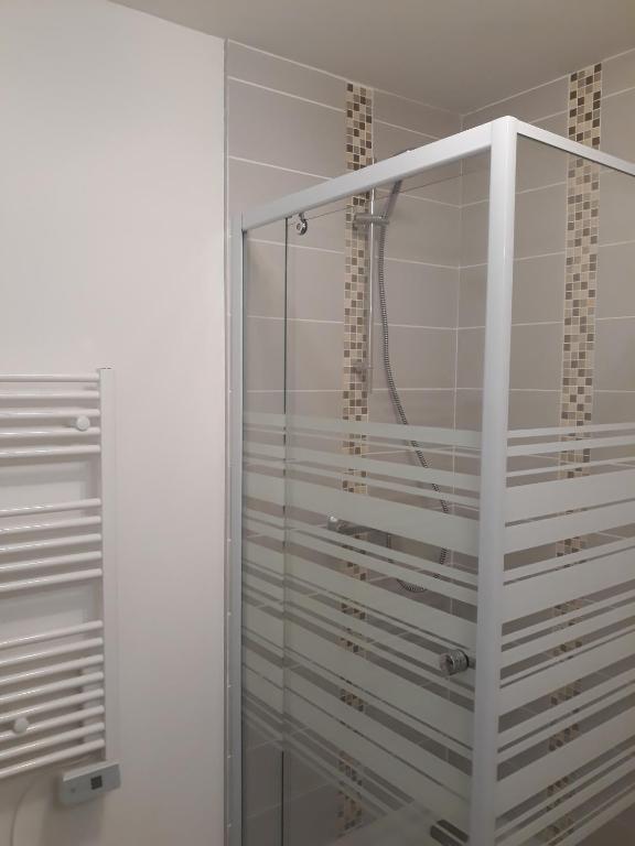 a shower in a bathroom with a glass shower stall at Les Gîtes de l&#39;Orta in Saint-Jean-dʼEyraud