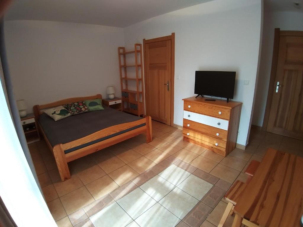a bedroom with a bed and a dresser with a television at Willa Nauta in Dębki