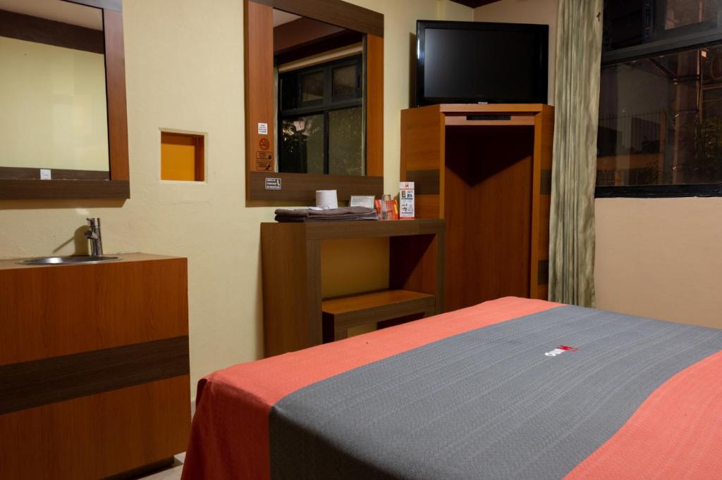 a bedroom with a bed and a sink and a television at Hotel H - Fabiola Adults Only in Mexico City