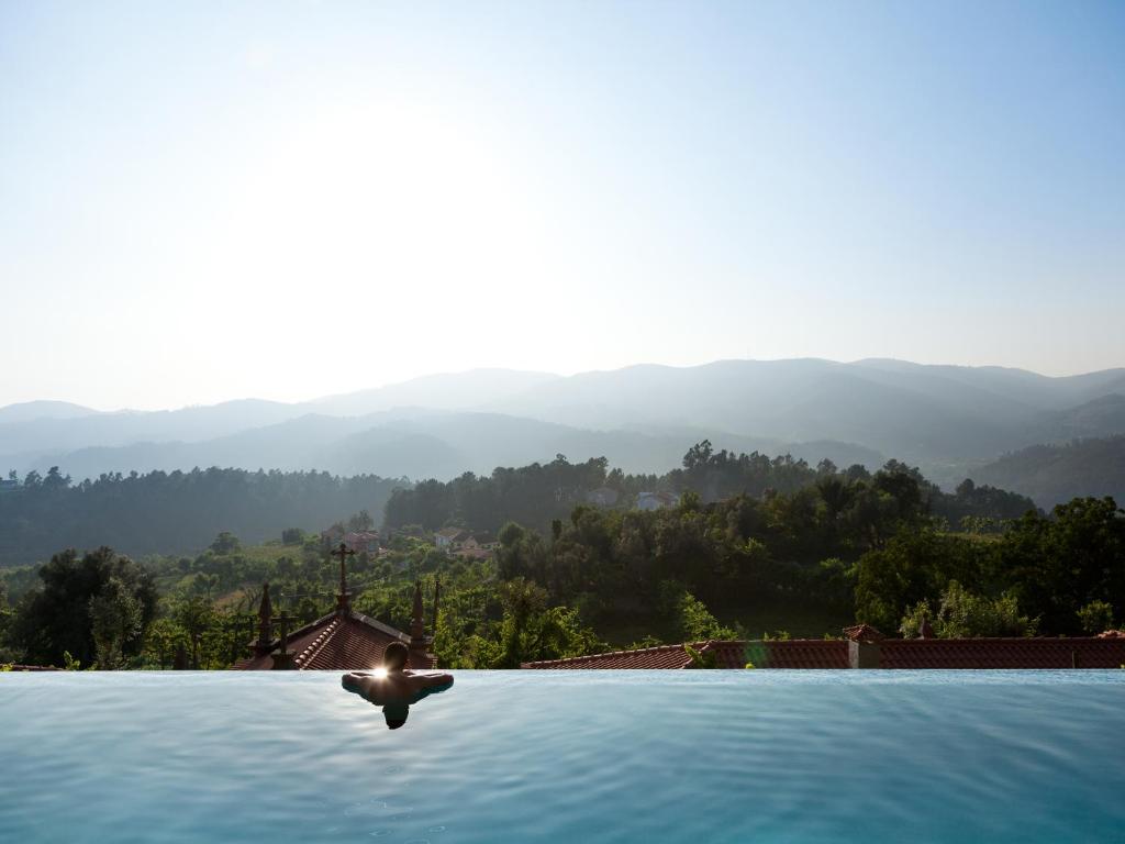a bird flying over a pool with mountains in the background at Quinta do Bárrio - Manor Guest House in Terras de Bouro