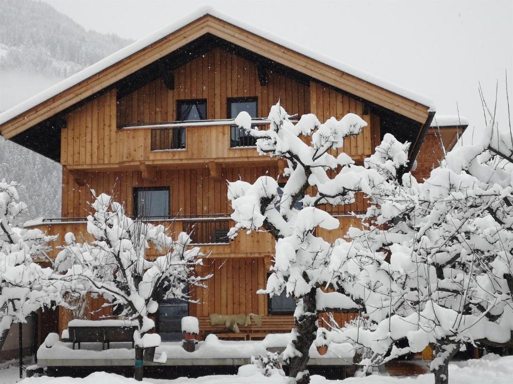 a log cabin with snow covered trees in front of it at Apartment Rauch in Zell am Ziller