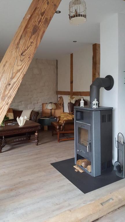 a living room with a wood stove in a room at Gramke/Henkel Quellenburgstraße in Sprockhövel