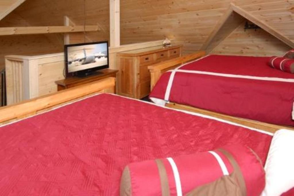1 Schlafzimmer mit 2 Betten und einem TV in einem Zimmer in der Unterkunft A Suite Mountain Retreat Cabin in Pigeon Forge