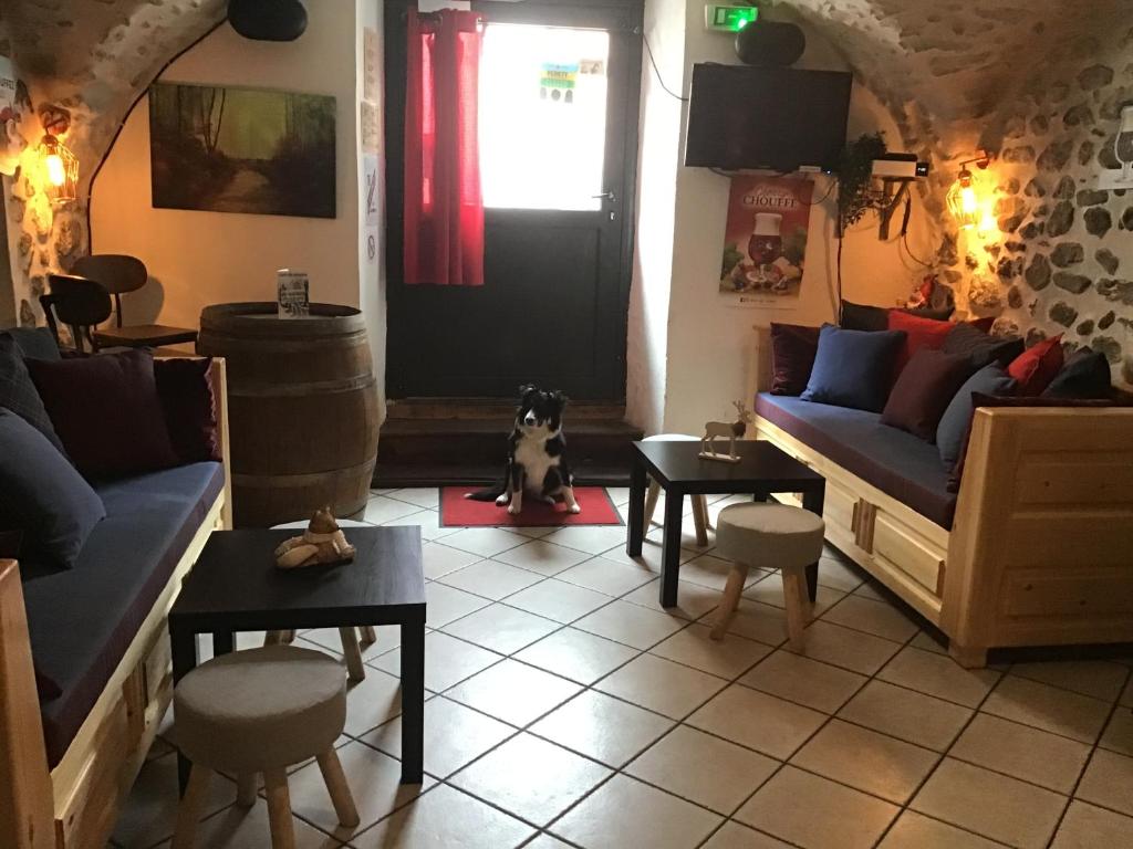 a dog sitting in the middle of a living room at Les Gentianes in Allos
