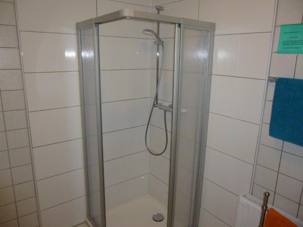 a shower with a glass enclosure in a bathroom at Pension am Peeneufer UG in Wolgast