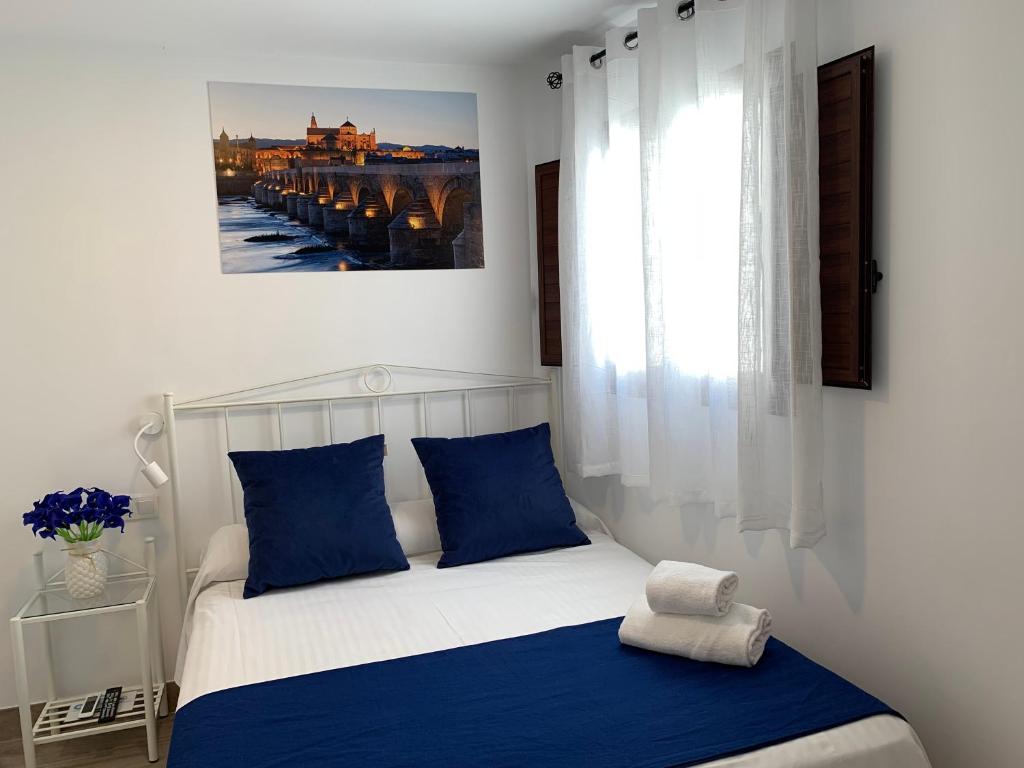 Un dormitorio con una cama con almohadas azules y una ventana. en Belmonte Rooms, en Córdoba