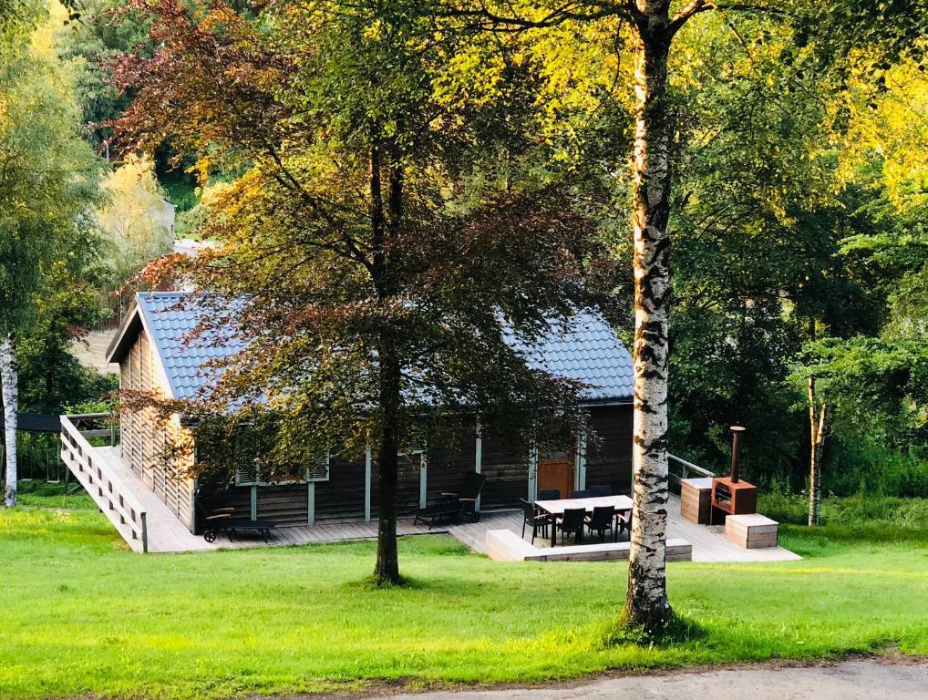 una casa con una mesa de picnic delante de ella en FWV Chalet 2 Le Scandinave, en Büllingen