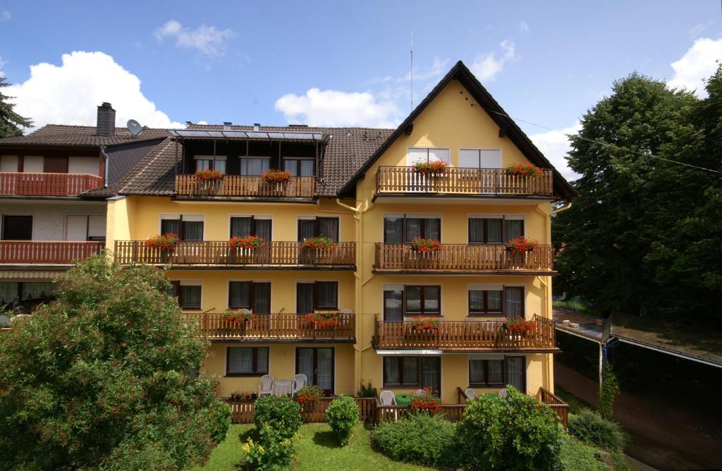 um grande edifício amarelo com flores nas varandas em Hotel Weidenau em Bad Orb