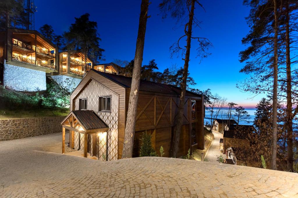 an exterior view of a house at night at Hancioglu Orman Evleri (Bungalow) & Hotel in Trabzon