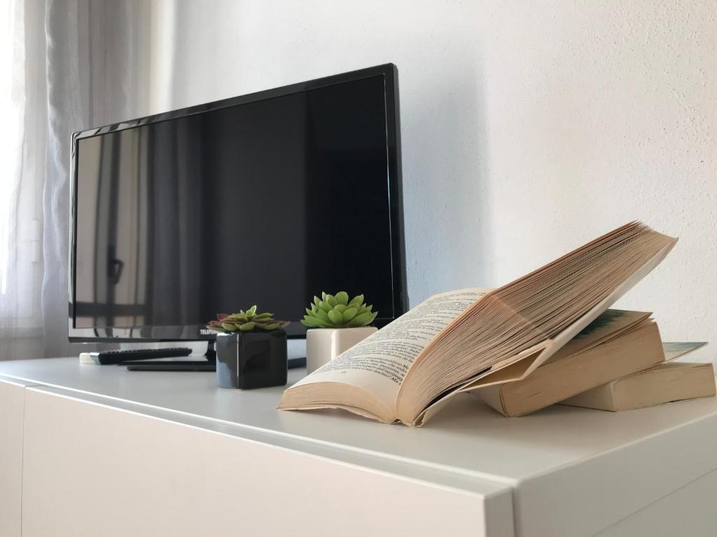 TV y 2 libros sobre una mesa con TV en Appartamenti Le Mimose, en Santa Maria Navarrese
