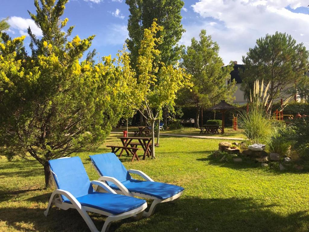 dos sillas azules sentadas en el césped en un patio en Complejo Turistico Los Troncos en San Rafael