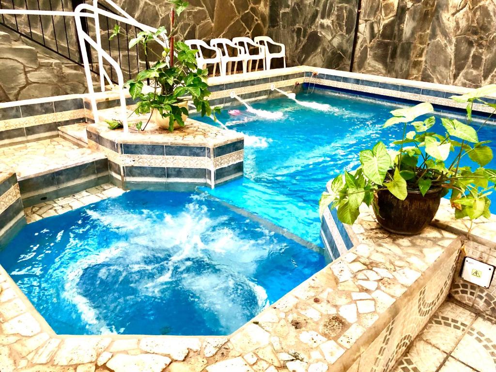 una piscina con agua azul y plantas en ella en Termas Del Sol en Termas de Río Hondo