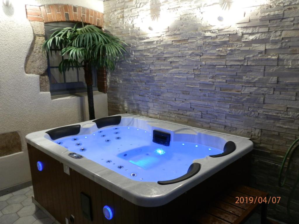 una bañera de hidromasaje en una habitación con una pared de ladrillo en GITE IZALIN AVEC SPA A 20 min du Puy du Fou en Mauléon