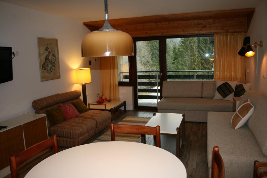 克拉尼斯卡戈拉Apartman Veriga的客厅里有一张沙发和一张桌子。