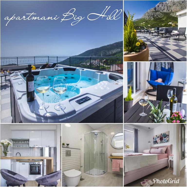 a collage of photos of a jacuzzi with wine glasses at Apartmani i studio Big Hill in Makarska
