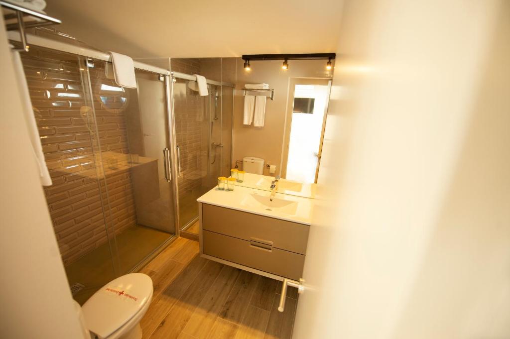 a bathroom with a shower and a sink and a toilet at Hotel Diufain in Conil de la Frontera