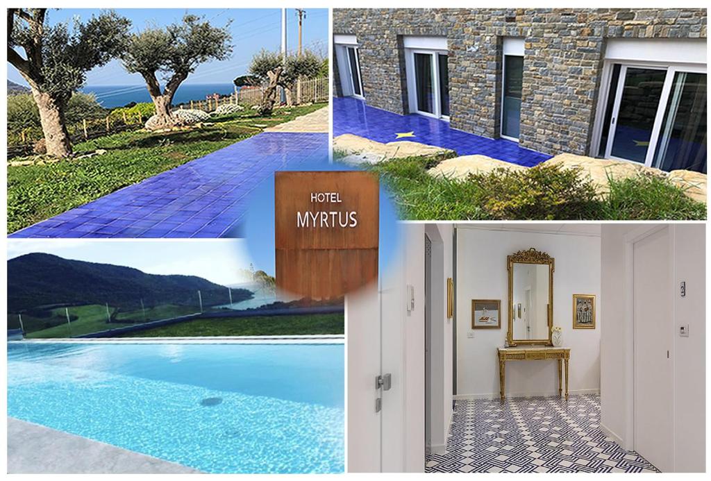 a collage of photos of a house and a pool at HOTEL MYRTUS in Agropoli