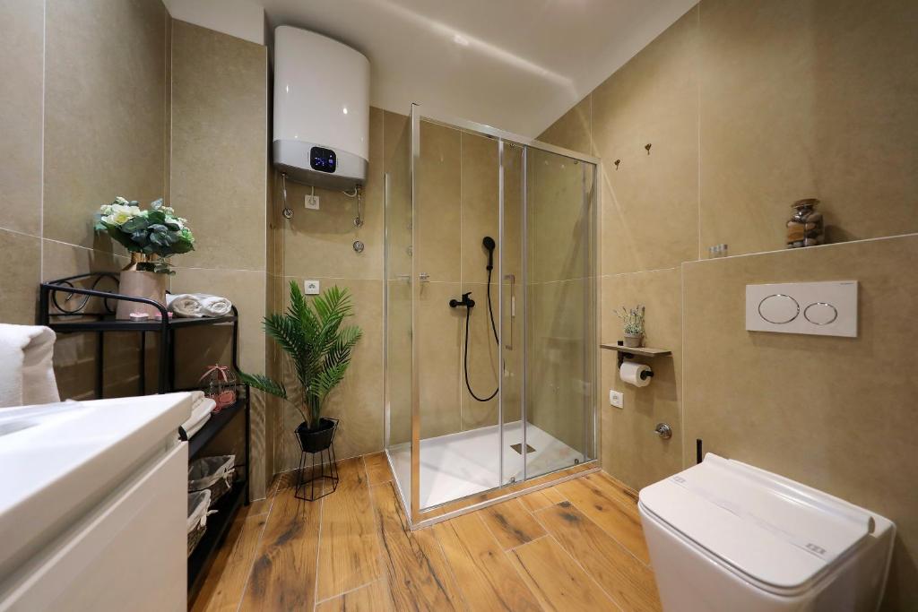 a bathroom with a shower and a toilet at Aldo Apartments Center in Zadar
