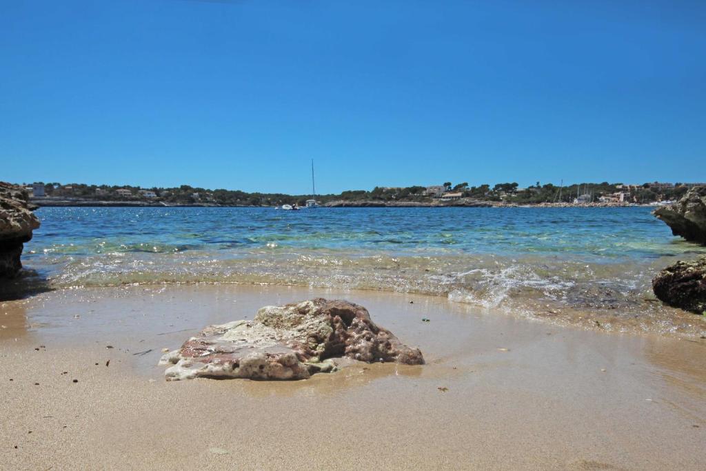 a rock in the sand on the beach at Aparthotel Niu d´Aus in Portopetro