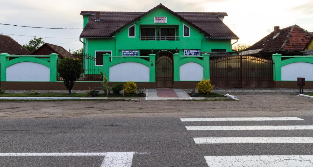 una casa verde con un paso de peatones frente a una calle en Pension Ladyna, en Sebiş