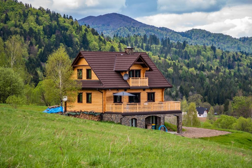 a large wooden house on a hill in a field at Krzywy Zakątek - Jaworzynka in Cisna