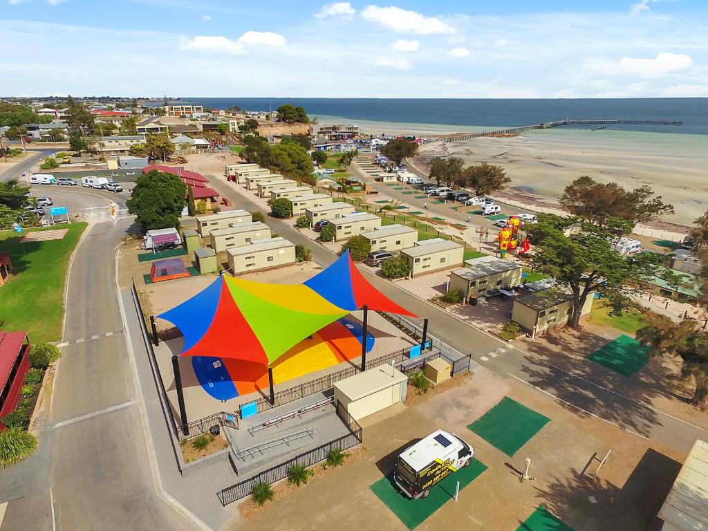 an overhead view of a street with a colorful tent at Moonta Bay Holiday Park in Port Moonta
