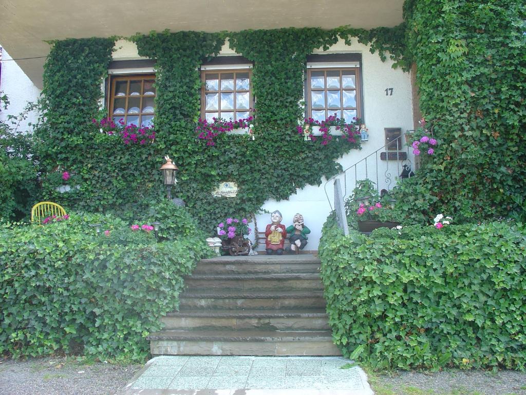 una casa con una escalera cubierta de plantas y flores en Ferienwohnung Lindlar, en Lindlar