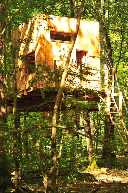 une cabane dans les arbres au milieu des bois dans l'établissement Cabanes Espace Fouletot, à Mont-sous-Vaudrey