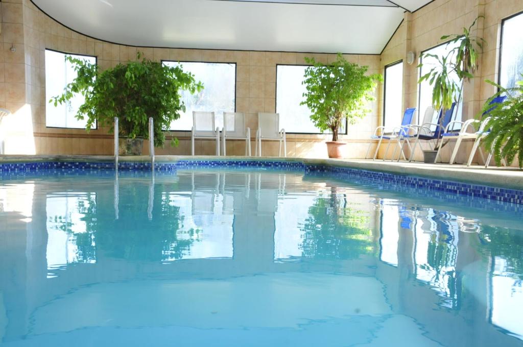 a swimming pool with blue water in a building at El Copihue Olmué in Olmué