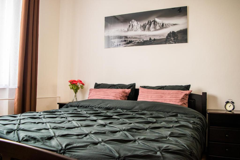 奧洛穆茨的住宿－Apartman JnJ Velkomoravska，卧室配有一张床,墙上挂着一幅画