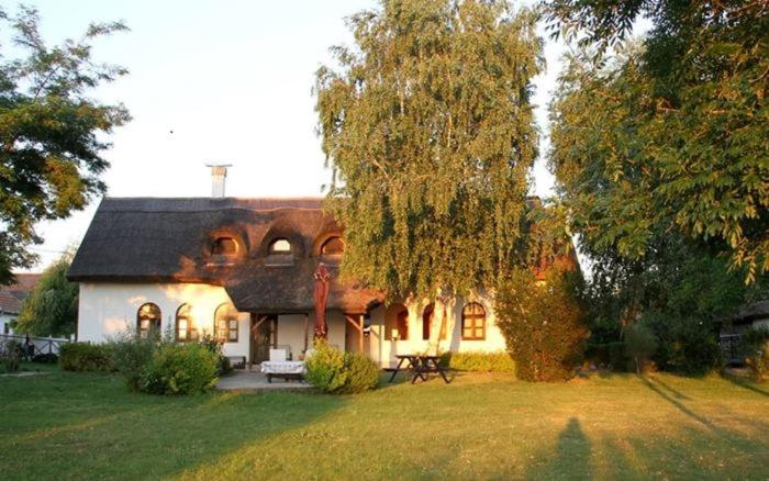 a large white house with a tree in the yard at Herberg Tisza in Tiszabábolna