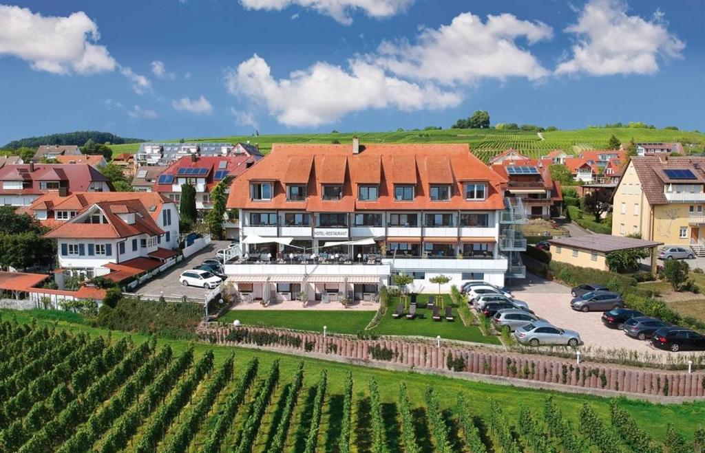 een luchtzicht op een gebouw met auto's geparkeerd op een parkeerplaats bij Hotel Restaurant Hansjakob in Hagnau