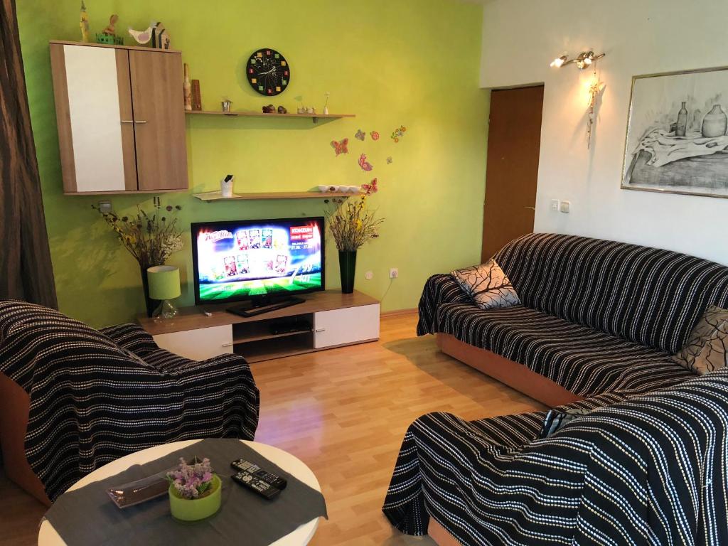 Sala de estar con 2 sofás y TV en Apartment Ruža en Betina