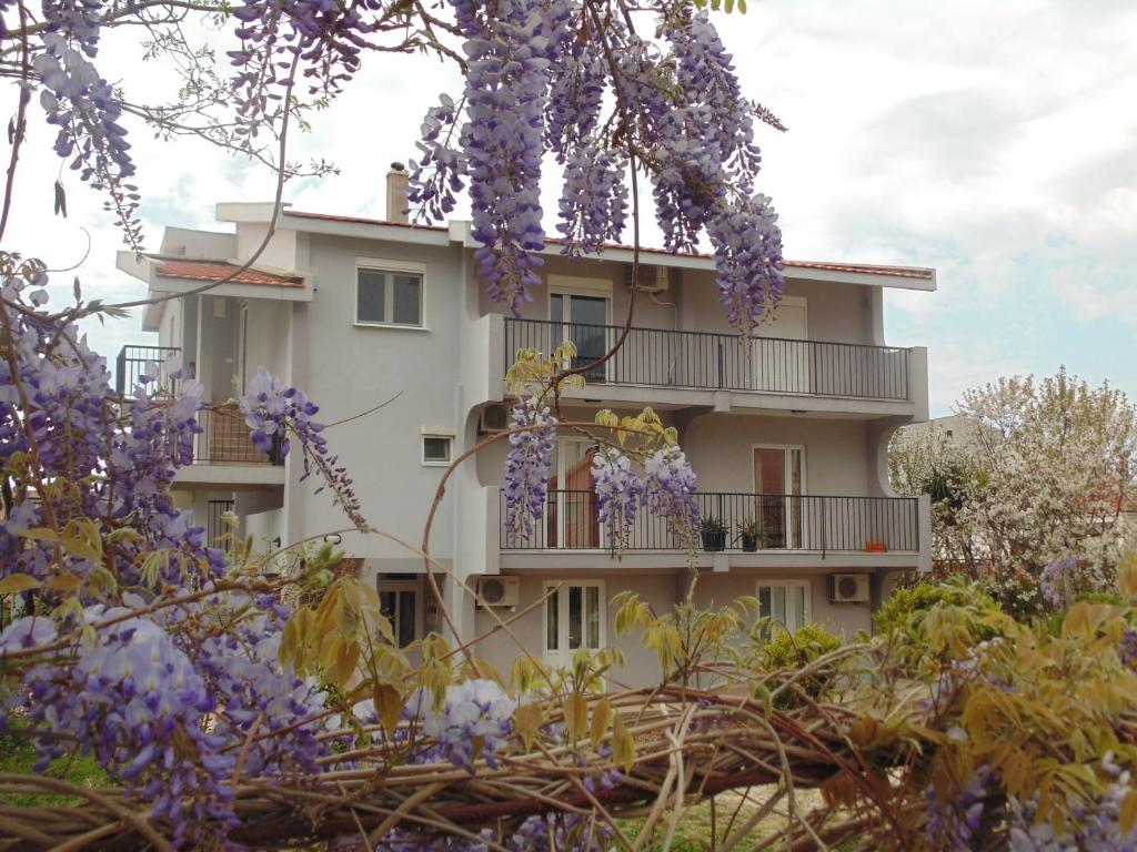 un edificio con flores púrpuras delante de él en 3rooms,11 people, en Bar