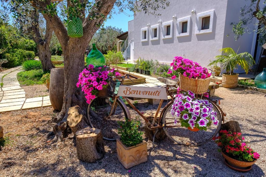 een fiets geparkeerd naast een boom met bloemen bij Agriturismo Calamate in Gallipoli