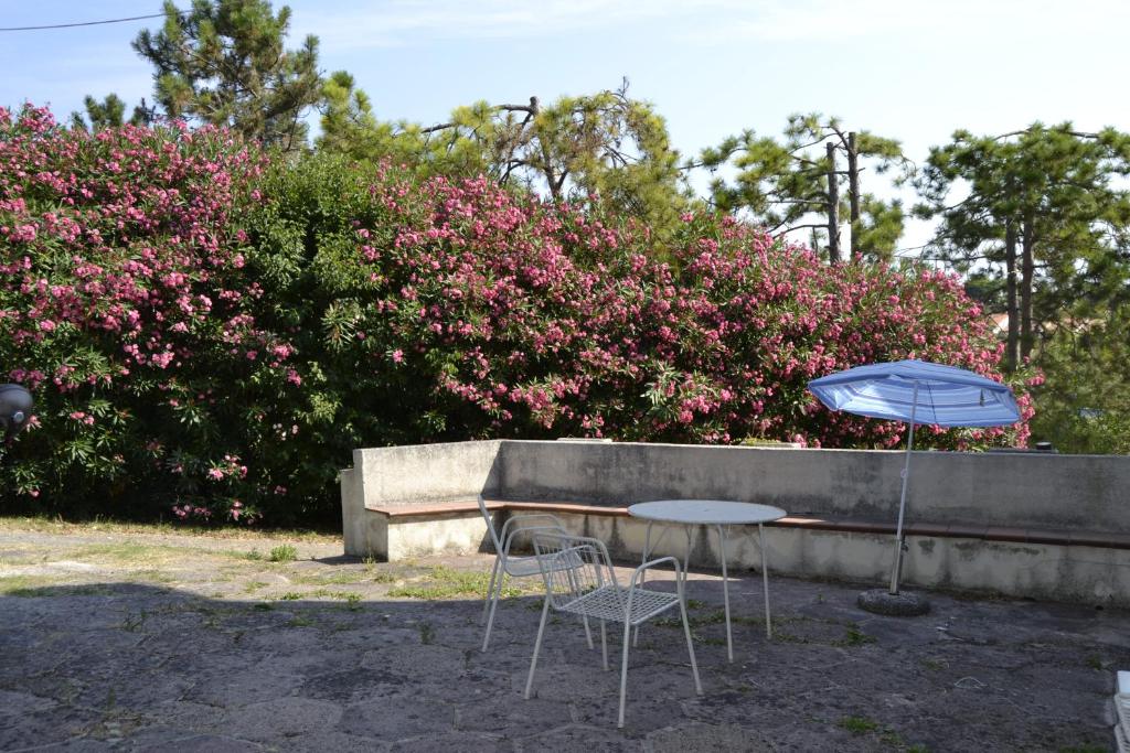 uma mesa e duas cadeiras com um guarda-sol em Bianchi em Marcelli