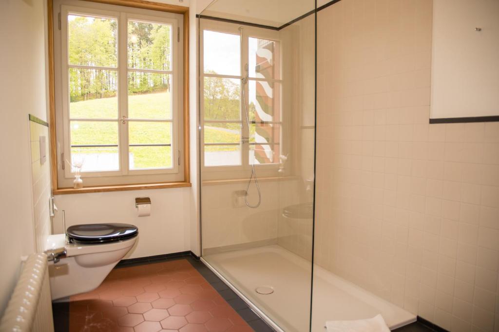 a bathroom with a toilet and a glass shower at Hotel Restaurant Falkenburg in St. Gallen