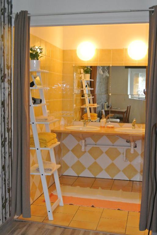 a bathroom with a ladder in front of a mirror at Chambres d&#39;Hôtes La Fresnée in Mosles
