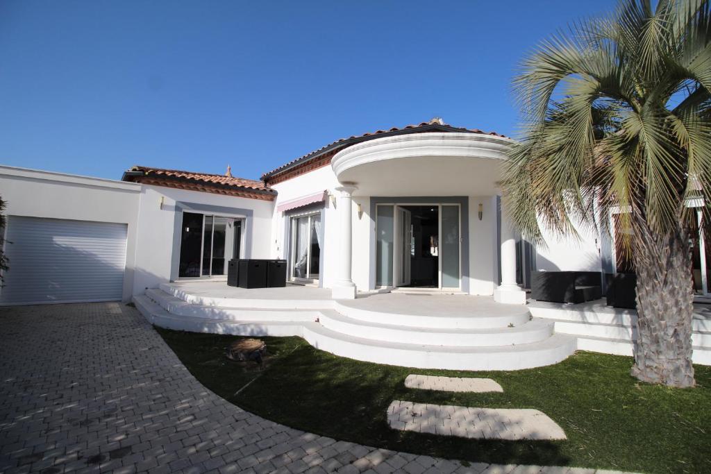 a white house with a palm tree in the yard at Villa Ancolie climatisée avec piscine chauffée de mai à septembre in Magalas