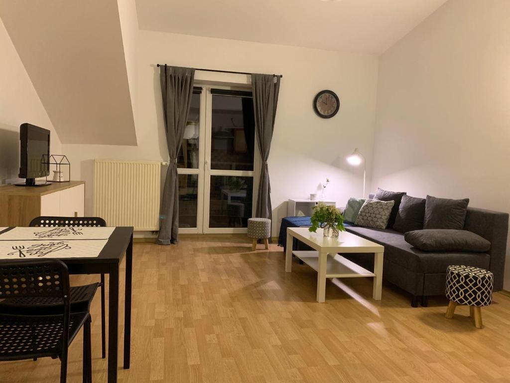 a living room with a couch and a table at Apartament Bielik in Mrągowo