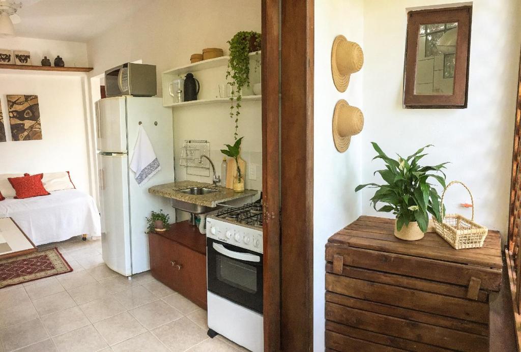 佛羅安那波里的住宿－Estúdio Sabiá，厨房配有炉灶和冰箱。