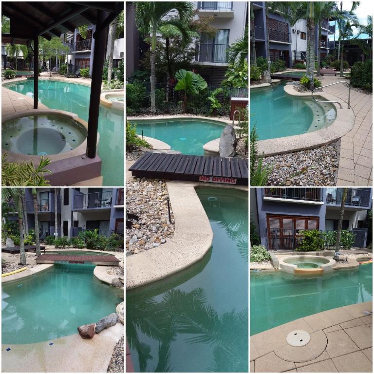 a collage of four pictures of a swimming pool at Jackies City Central Apartment in Cairns