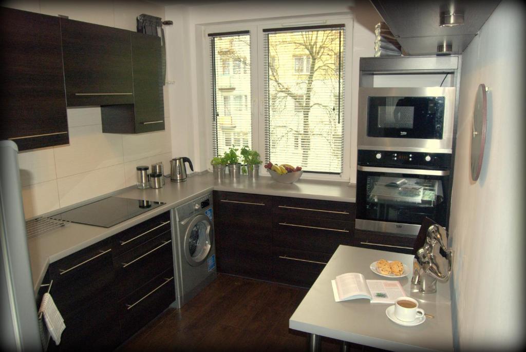 een keuken met een wastafel en een fornuis top oven bij Alma Apartments Starachowice in Starachowice