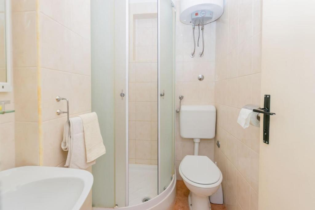 mała łazienka z toaletą i prysznicem w obiekcie Pleasant apartment Korenic in unique city of Rovinj w Rovinj
