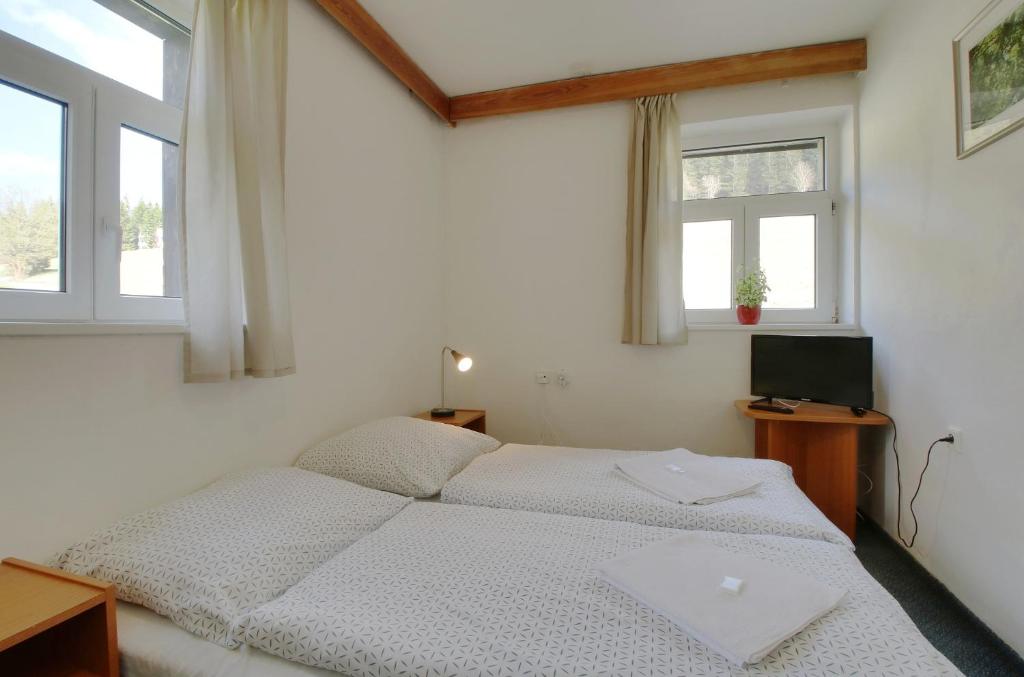 Postel nebo postele na pokoji v ubytování Horský hotel Žižkova bouda